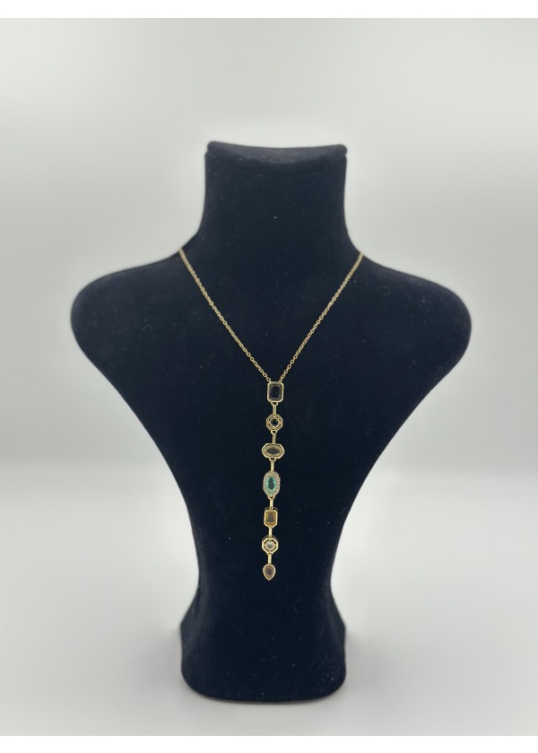 Renkli taşlı gold uzun kolye 